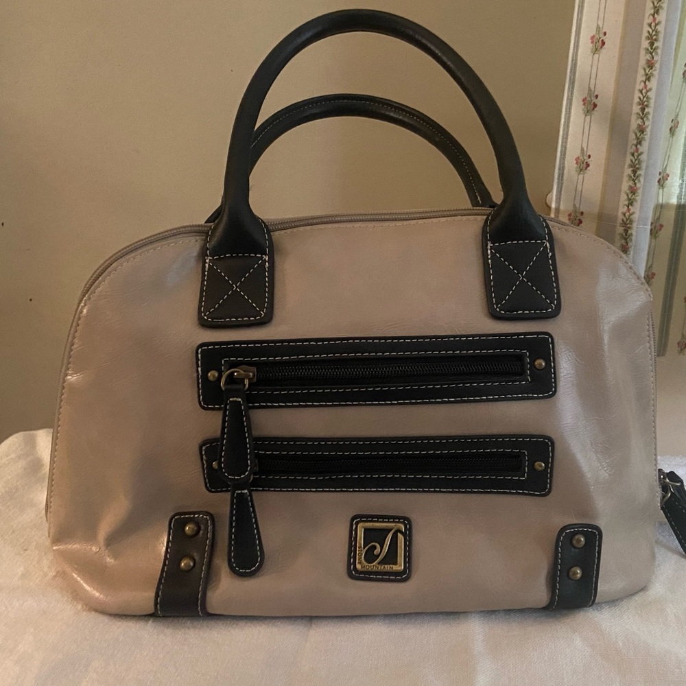 Stone Mountain Satchel Style Leather Handbag, Tan and Black